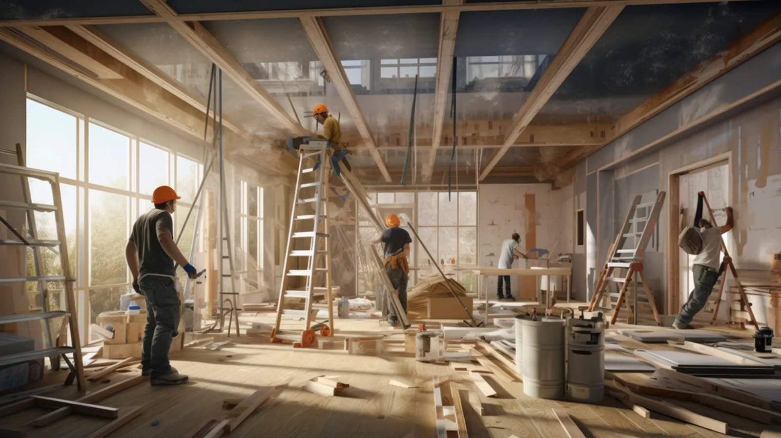 Chantier de rénovation intérieure en cours, équipes au travail