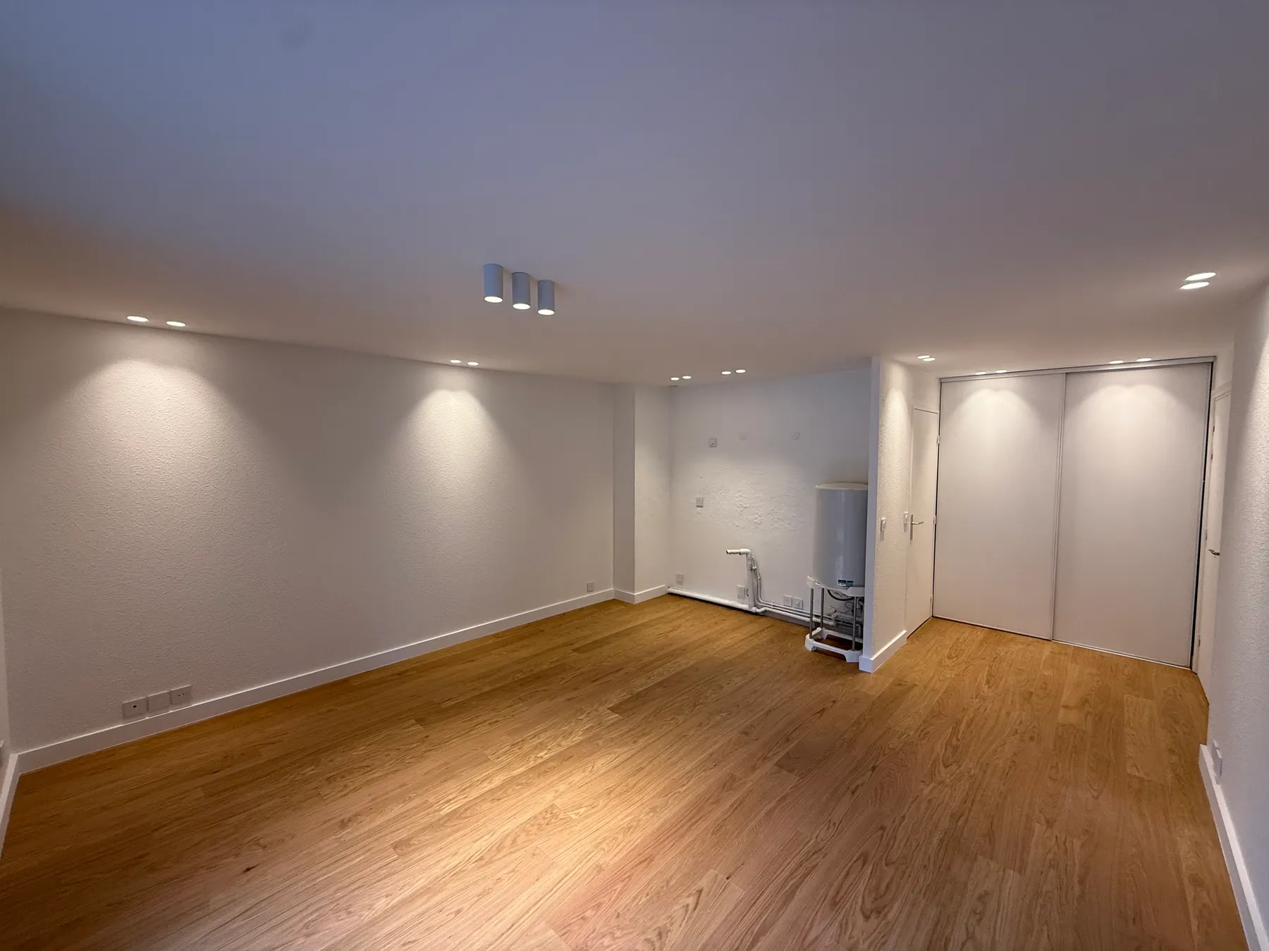 Séjour rénové avec parquet et placards intégrés